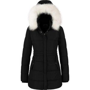 Women's Black Removable Faux Fur Trim Waterproof Long Hood Puffer Jacket Coats